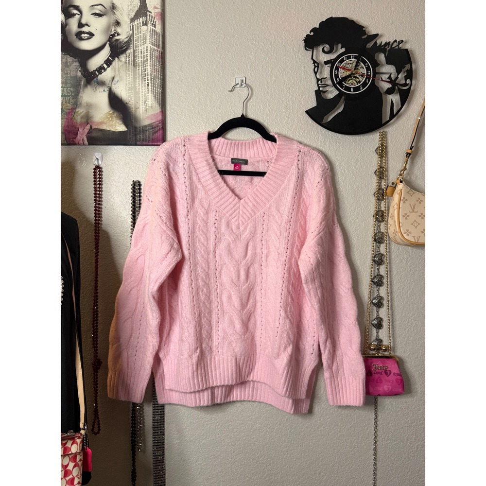Vince Camuto Pink Cable Knit V-Neck Sweater Womens Medium 916252B11